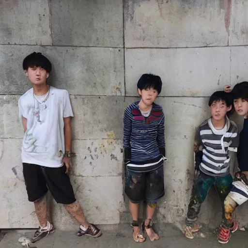 Image similar to on the right side, a korean boy stand and look left. the boy have towned clothes and he look dirty and poor. on the left side a korean boy stand and look right, this boy rich and have good clothes. in the middle of the picture there's an wall that seperate the two boys. painting.