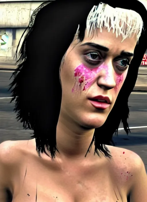 Image similar to Homeless portrait of bruised Katy Perry in scrappy clothing, in GTA V, Stephen Bliss