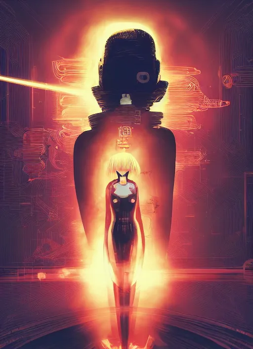 Image similar to a futuristic female geisha warrior, red hair made out of water, blade runner, akira, ghost in the shell, 2077, style of Laurie Greasley and Satoshi Kon + symmetric lights and smoke, psychedelic effects , glowing particles, neon rain, glowing runes, de-noise, symmetrical composition, high detailed + tarot card, ornate border, 8k,