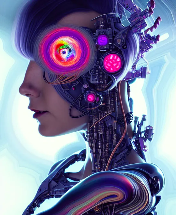 Image similar to a whirlwind of souls rushing inside the metaverse, hologram, half body, neurochip, shaved temple, piercing, jewelry, android, cyborg, cyberpunk face, by loish, d & d, fantasy, intricate, elegant, highly detailed, colorful, digital painting, artstation, concept art, art by artgerm and greg rutkowski and alphonse mucha