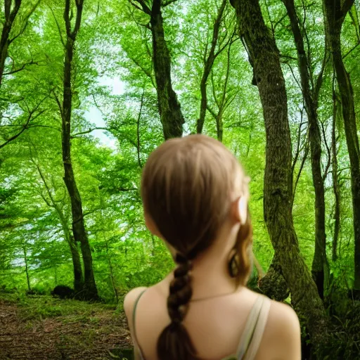 Image similar to a girl looking out over a lush green forest