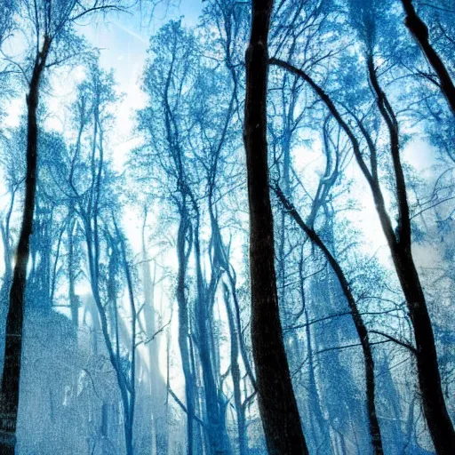 Image similar to cyberpunk forest with blue ice clouds in the sky