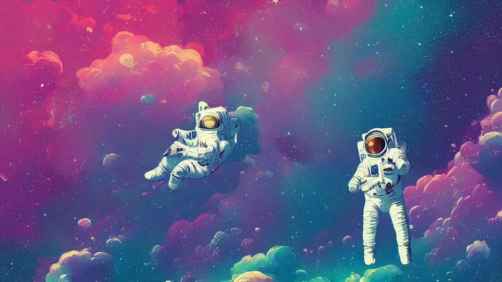 Prompt: an astronaut floating in space surrounded by vibrant nebula and stars by Tomer Hanuka, by Victo Ngai, by Beeple