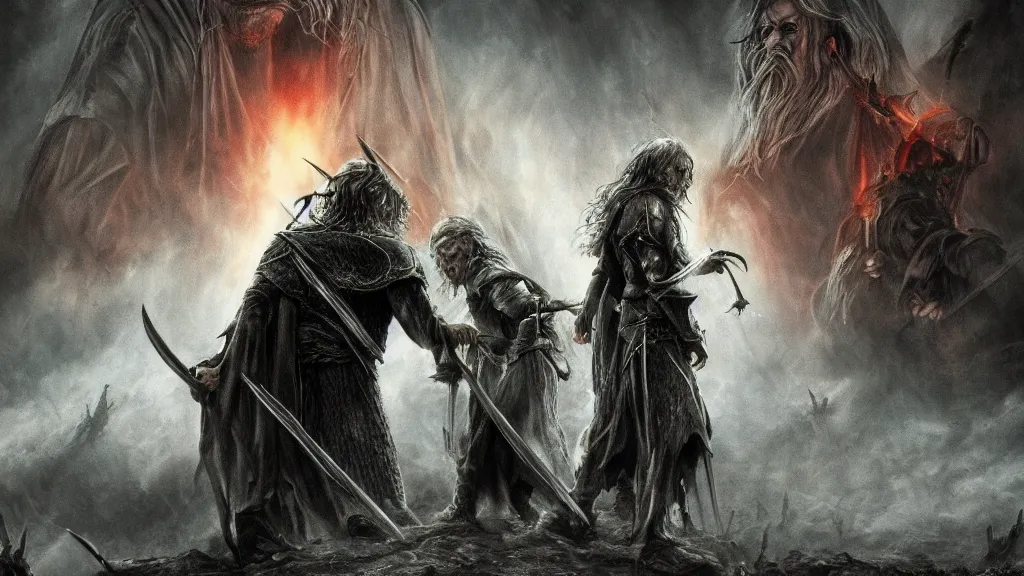 Image similar to Lord of the Rings Battlefield, dark fantasy artwork, award winning, devastated scene, studio light, artstation