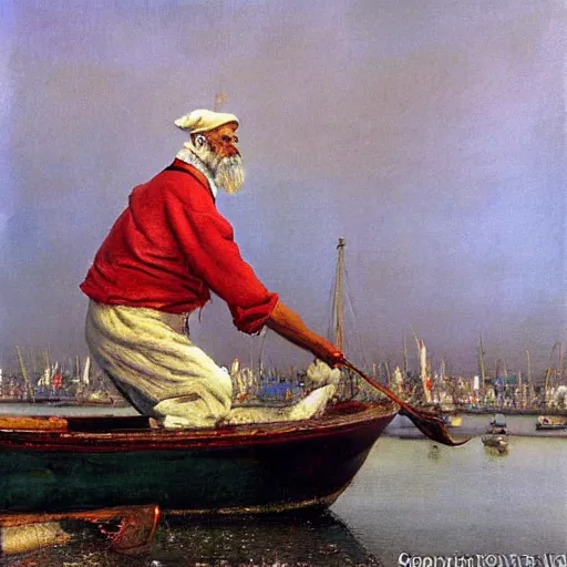 Image similar to painting of sailor hobo hyperrealism vasily vereshchagin at harbor boat fish