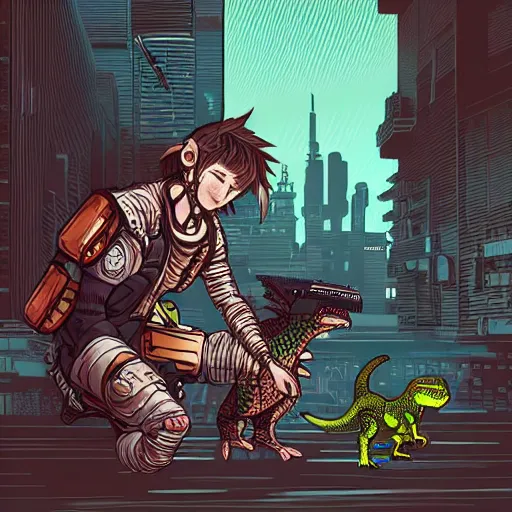 Prompt: intricate detailed color manga style illustration of a cyborg punk street kid with a pet dinosaur, cyberpunk