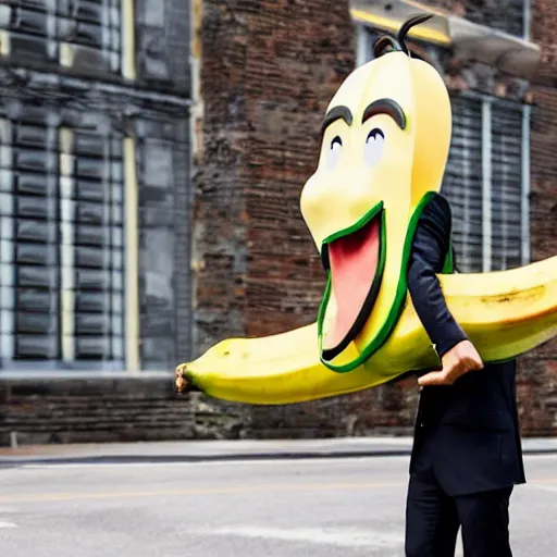 Prompt: a person with suit that has a banana head