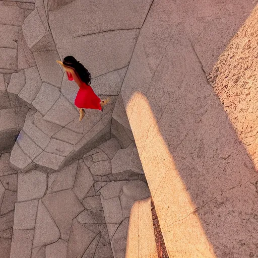 Image similar to a girl in a red dress climbing'' infinite stairs to heaven'' middle / top view, sunset light, cinematic image, hyperrealistic, 4 k