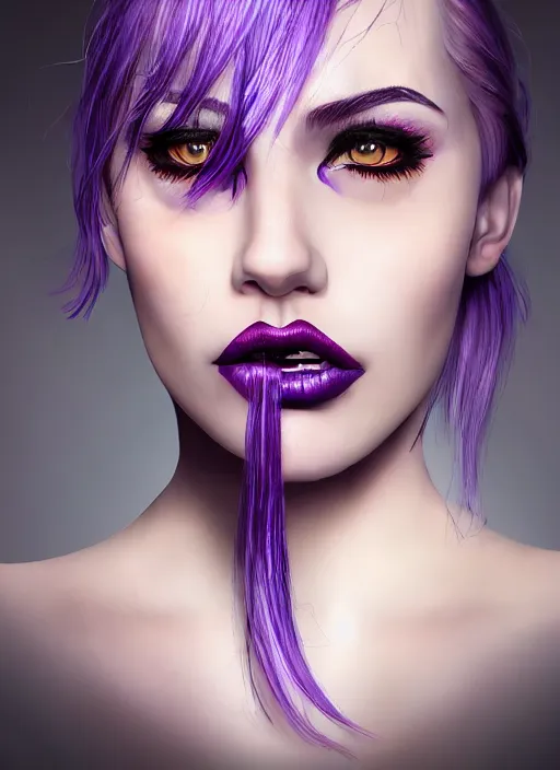 Image similar to photorealistic 3 0 0 0 one eye cyclope beautiful female with purple hair portrait photography feroflex photorealistic studio lighting ektachrome detailed intricate face details, ultradetails, beautiful face, realistic shaded perfect face, extremely fine details