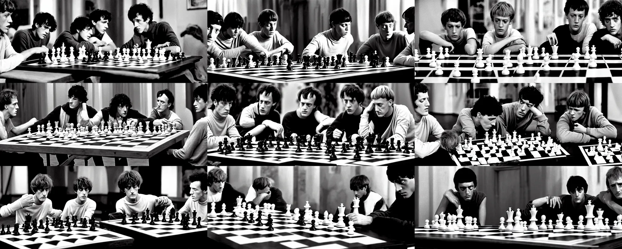 Prompt: bill and ted cheating death at chess, black and white, ingmar bergman, cinestill, 1962