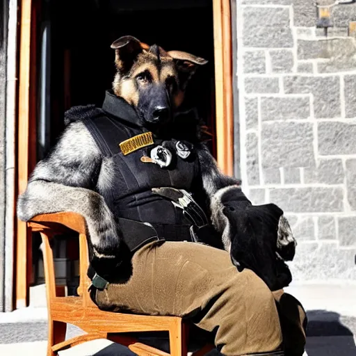 Image similar to a german shepherd beast - man, wearing military outfit, sitting on an armchair