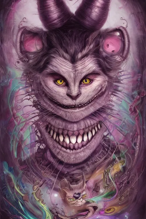 Image similar to dream portrait of Cheshire Cat from Alice in Wonderland,full character, melting ,8k,by tristan eaton,Stanley Artgermm,Tom Bagshaw,Greg Rutkowski,Carne Griffiths, Ayami Kojima, Beksinski, Giger,trending on DeviantArt,face enhance,hyper detailed,minimalist,cybernetic, android, blade runner,full of colour