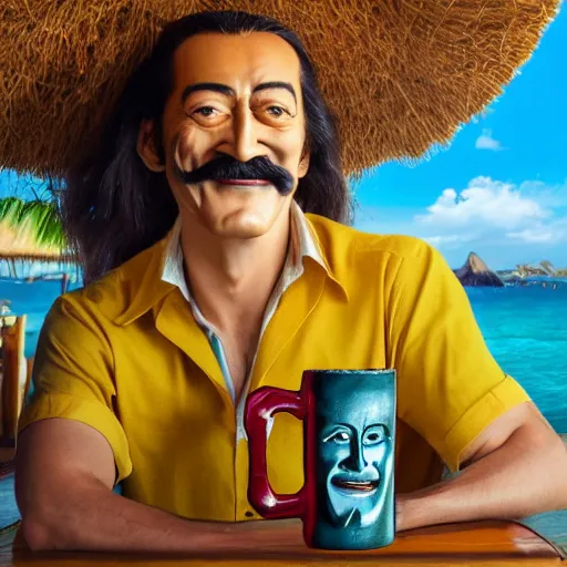 Image similar to a closeup photorealistic photograph of smiling salvador dali at trader vic's bar sitting next to a trader vic's style tiki mug featuring the face of salvador dali. tiki culture. bright scene. 4 k hd image that's trending on artstation, featured on behance, well rendered, extra crisp, features epic composition and the style of unreal engine.