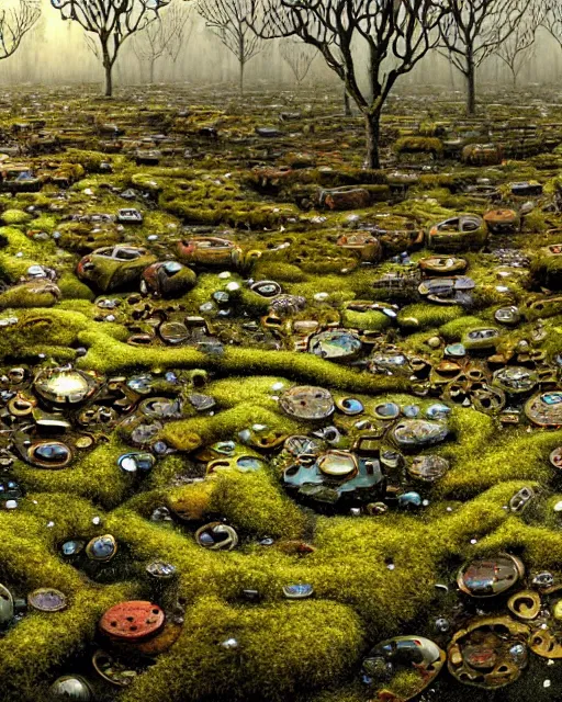 Image similar to panoramic view, superintelligent ecological matrix of moss and lichen dotted biomechanical trees growing on junkyard heaps of electronics and automobiles among puddles of glistening oil, artists bev doolittle and philippe caza, high contrast cinematic light, mystical shadows, sharp focus, octane render, three dimensional autostereogram optical illusion, repeating patterns
