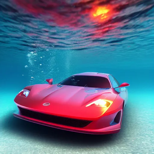 Image similar to hyperrealistic photo of a car underwater, 4 k, 8 k, thin film, full shot