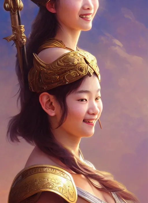 Image similar to Close-up portrait of smiling young asian woman wearing a winged helmet and bare shoulders, holding a magic staff, portrait, highly detailed, digital painting, artstation, concept art, sharp focus, illustration, art by artgerm and greg rutkowski and alphonse mucha