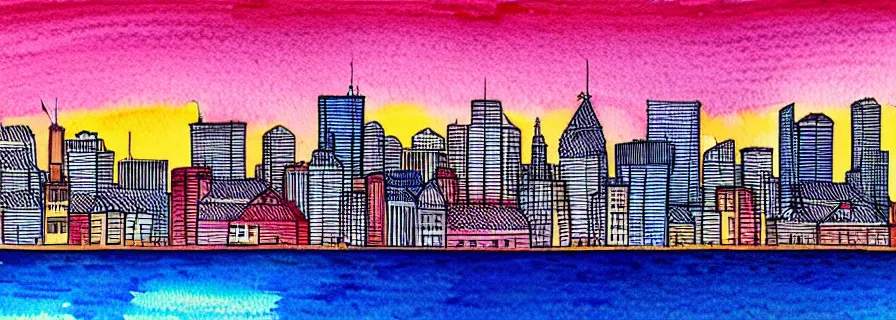 Image similar to watercolour line drawing of a city skyline at sunset