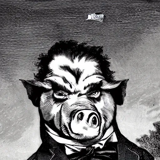 Image similar to closeup portrait of an mean pig in a tuxedo, dramatic lighting, farm background, moon, chiaroscuro, high detail, illustration by gustave dore
