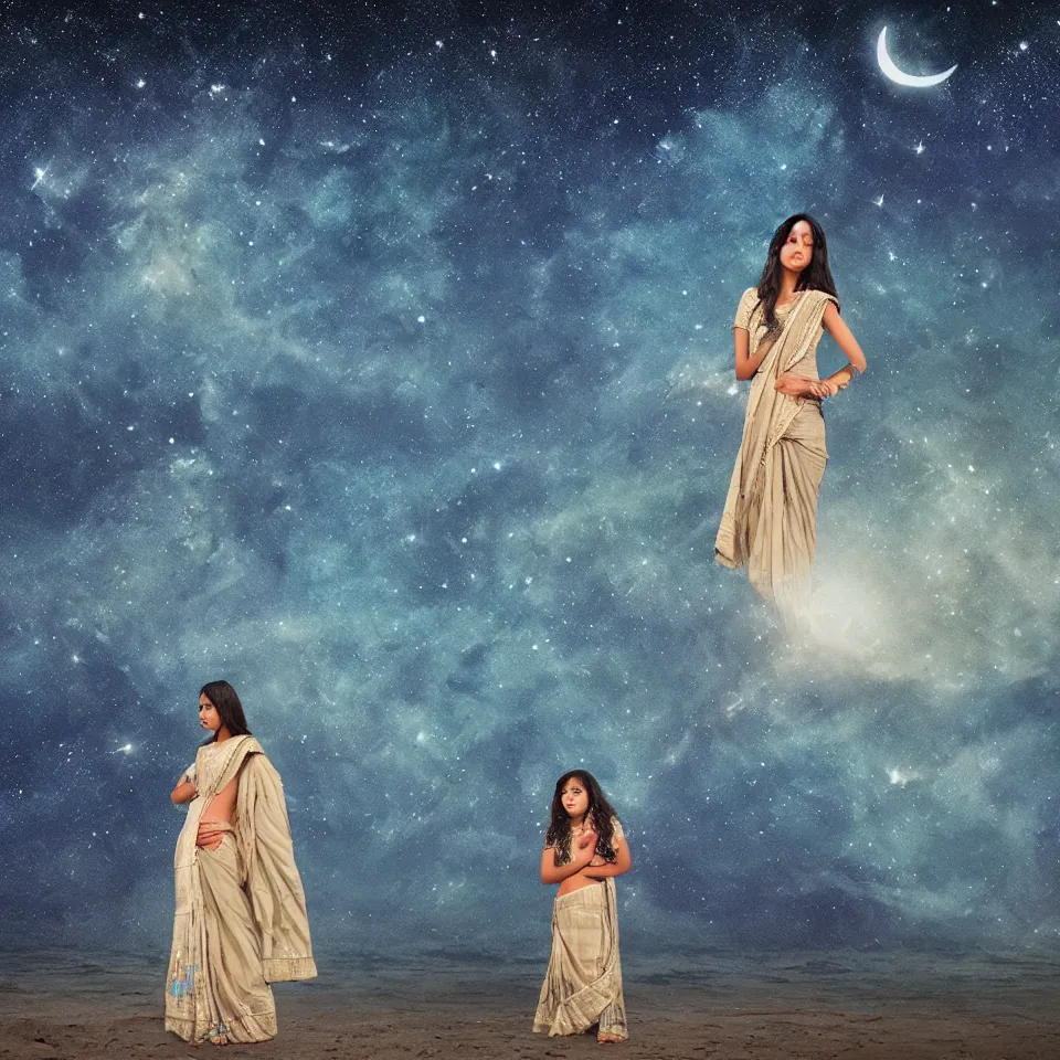 Prompt: young indian woman standing by the ocean at night with the moon above and the galaxy visible, masterful intricate artwork, high detail 8 k