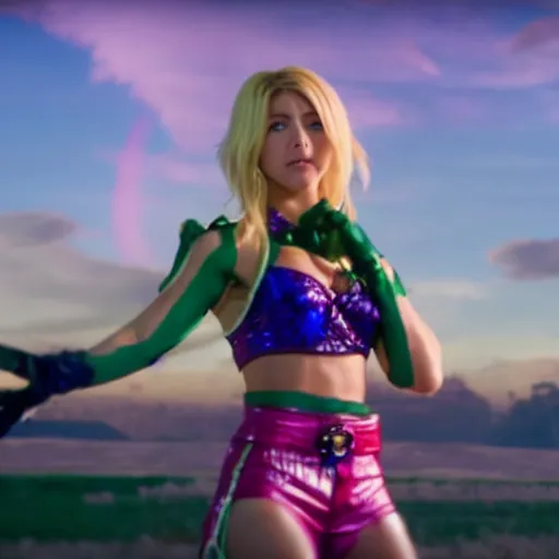 Image similar to cinematic scene with julianne hough as jolyne from jojo's bizarre adventure, live action film, stone ocean, dramatic, small details, volumetric lighting, still frame