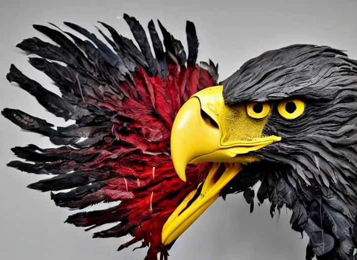 Prompt: pieces of a ripped flag!!!, chicken feathers and saw dust molten and restructured into a beautiful!!!, abstract!!! sculpture of an eagle, high contrast, award winning photo, dslr, high quality