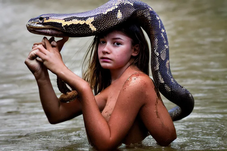 Image similar to closeup portrait of a girl carrying a python over her head in a flood in Pitt Street in Sydney in Australia, photograph, natural light, sharp, detailed face, magazine, press, photo, Steve McCurry, David Lazar, Canon, Nikon, focus