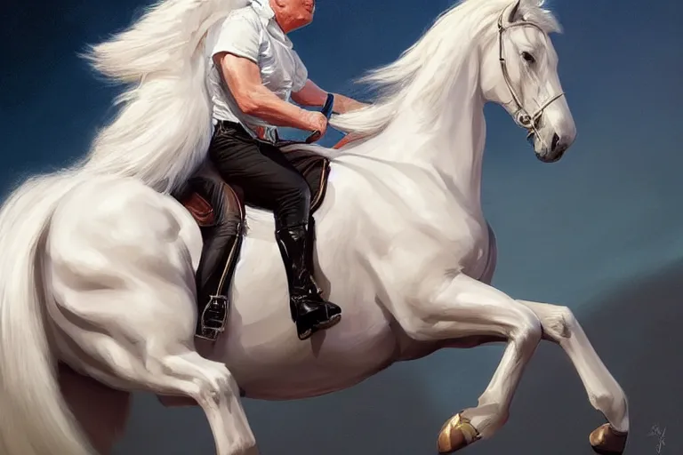 Prompt: donald trump on a majestic white horse, digital painting, artstation, concept art, smooth, sharp focus, illustration, in - frame, centered, art by artgerm and donato giancola and joseph christian leyendecker, ross tran, wlop