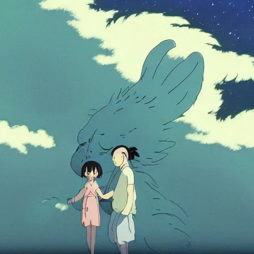 Image similar to spirited away creature in studio ghibli art, peace atmopshere, wonderful scene, 8k, smooth, detailed with high quality, night, anime,