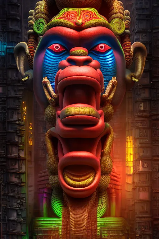 Image similar to high quality 3 d render post - rococo cyberpunk hanuman! head building, neon madhubani, open mouth, highly detailed, in sci - fi mumbai, cinematic smooth unreal engine, lee madgwick & liam wong, dramatic light, low angle, uhd 8 k, sharp focus