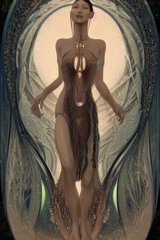 Prompt: a realistic portrait of a beautiful ancient alien woman goddess bella hadid standing in iris van herpen dress jewelery and fractals in style of alphonse mucha art nuvo dmt trending on artstation made in unreal engine 4