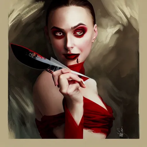 Image similar to “ daria strokous as femme fatale vampire, smiling, with blood red lips, holding knife on her victim ’ s throat intricate, elegant, highly detailed, digital painting, artstation, concept art, smooth, sharp focus uhd 8 k, art by artgerm and greg rutkowski and alphonse mucha ”