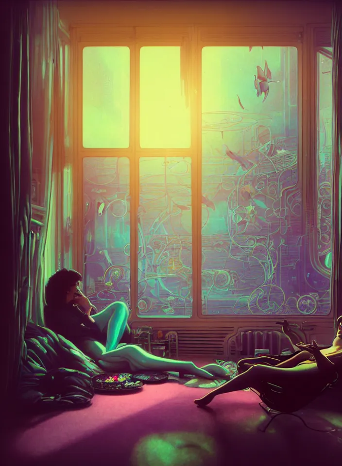 Image similar to telephoto 7 0 mm f / 2. 8 iso 2 0 0 photograph depicting the feeling of chrysalism in a cosy safe cluttered french sci - fi ( ( art nouveau ) ) cyberpunk apartment in a pastel dreamstate art cinema style. ( person relaxing living room near ) ( ( fish tank ) ), ambient light.