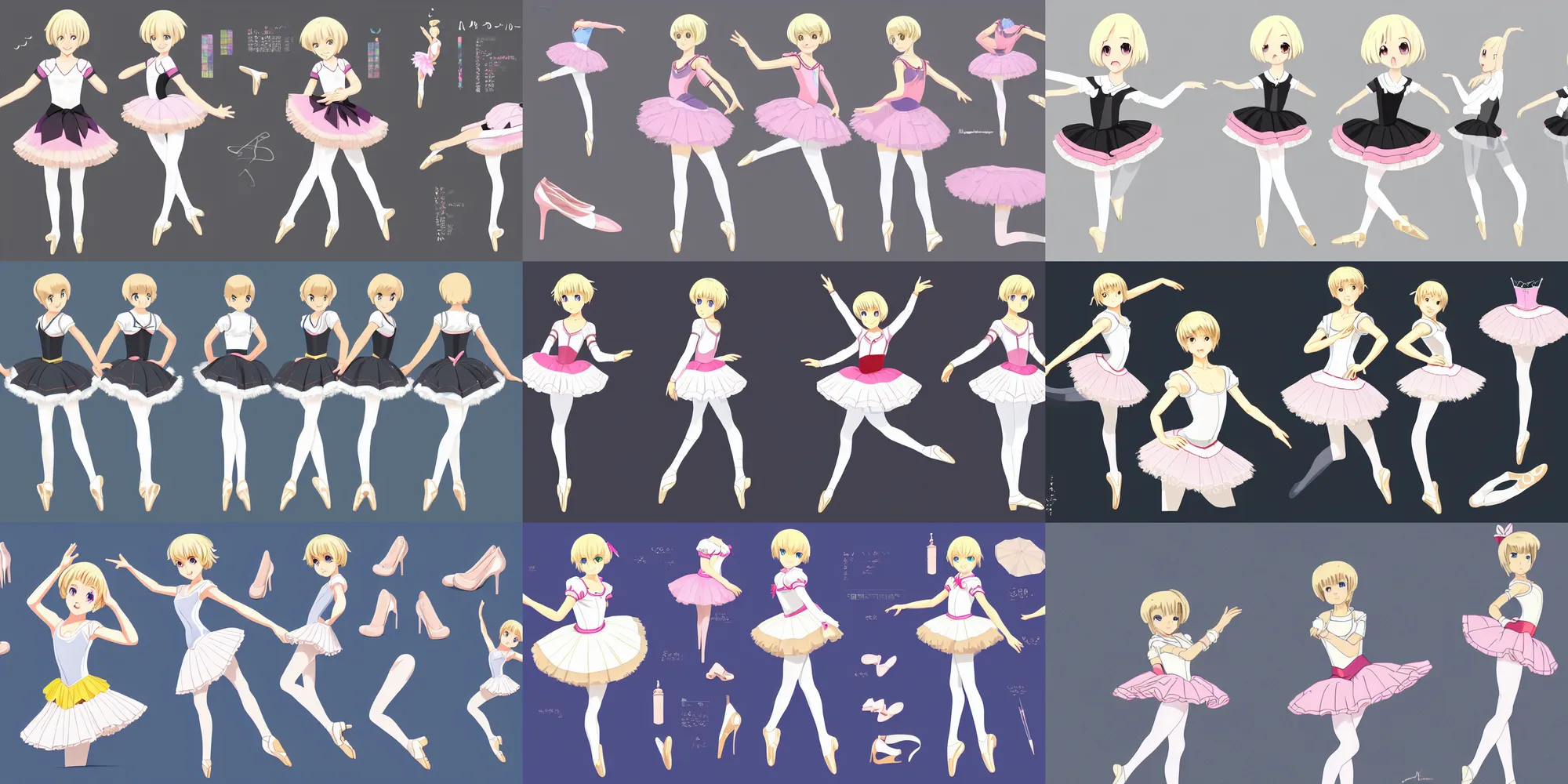 Prompt: a preteen girl, short blond hair, wearing a Ballet costume, flared skirt and white stockings, high heels, anime character; full body art, in the Japanese animation videogame; character reference sheet; trending on artstation, highly detailed, clean lineart, vector line art, clean, by Ilya kuvshinnikov, black background