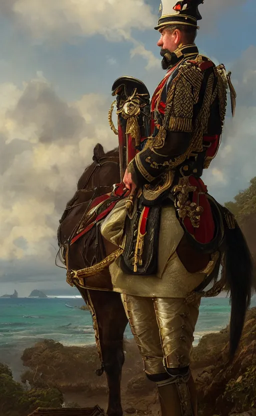 Prompt: Portrait of a victorian army officer overlooking a tropical island, male, detailed face, 19th century, highly detailed, cinematic lighting, digital art painting by greg rutkowski