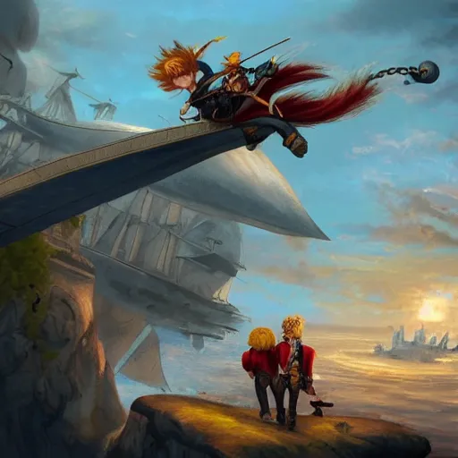 Image similar to A sky-pirate with long red hair meeting a young boy thief with blonde hair on an airship, epic fantasy art style