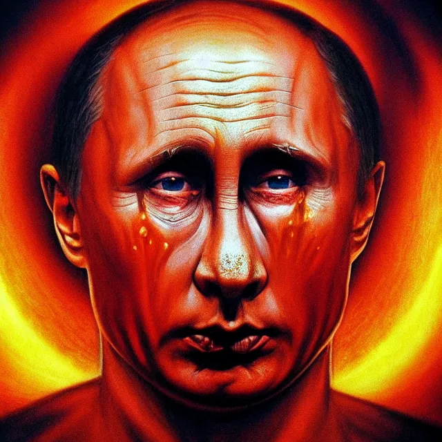 Prompt: shocked face of putin with tears in cage, hell, hyper - realistic, sharp focus, depth of field, hyper - detailed visionary art, symmetric, hell, holy halo, dramatic ambient lighting, high detail, vibrant colors, the thing 1 9 8 2, judgment day, apocalypse