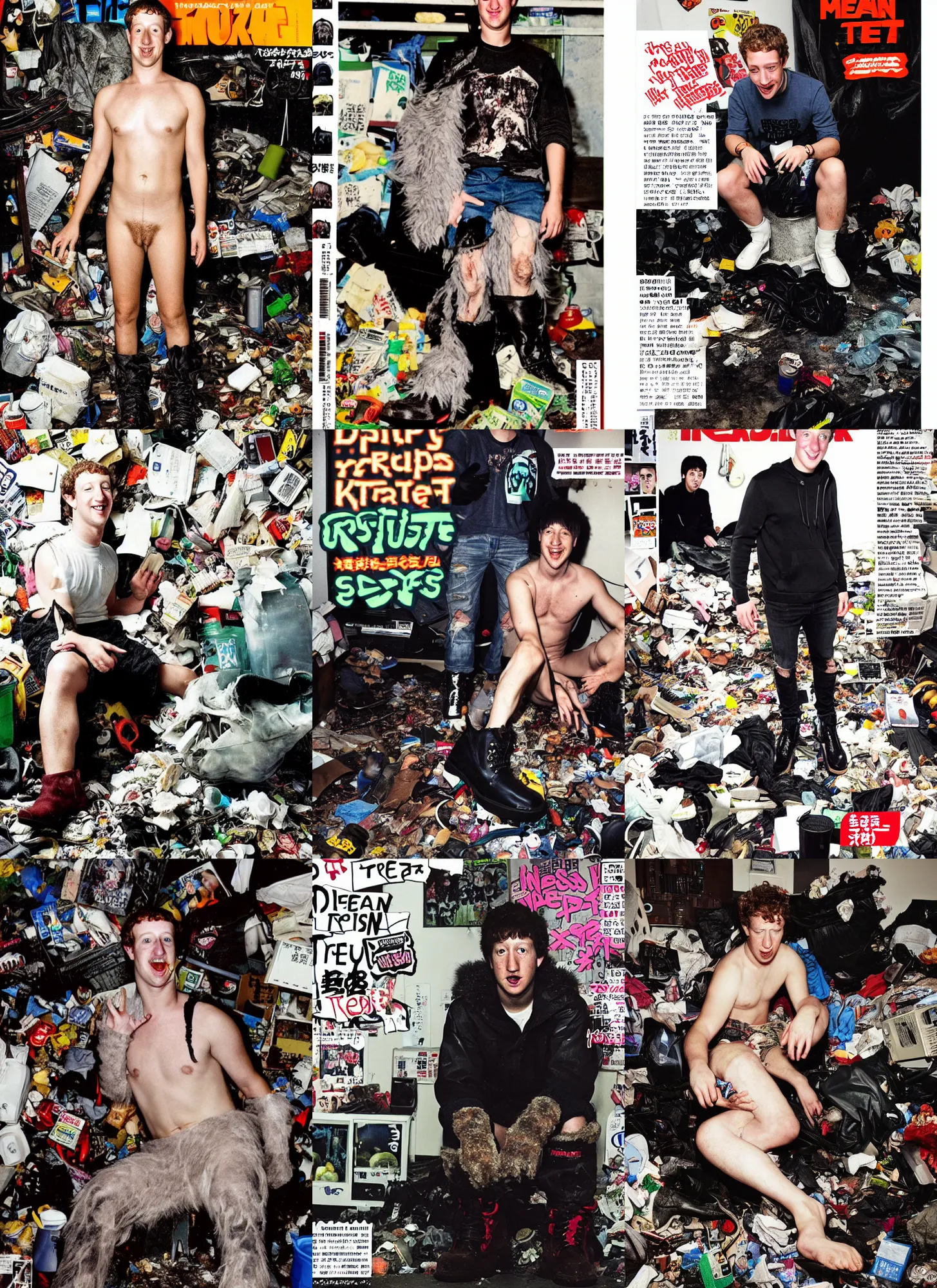 Prompt: photo of mark zuckerberg wearing ripped up dirty Swear kiss monster teeth yeti platform boots in the style of Ryan Trecartin in the style of 1990's FRUiTS magazine 20471120 in japan in a dirty dark dark dark poorly lit bedroom full of trash and garbage server racks and cables everywhere in the style of Juergen Teller in the style of Shoichi Aoki, japanese street fashion, KEROUAC magazine, Walter Van Beirendonck W&LT 1990's, Vivienne Westwood, y2K aesthetic