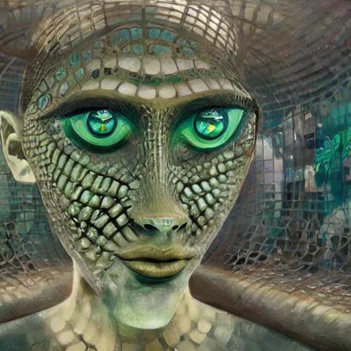 Image similar to detailed face of a woman with green eyes in a biomorphic courtyard with dna sculptures at a science expo, atmospheric, ambient, pj crook, syd mead, livia prima, artgerm, greg rutkowski, nick alm, casey baugh