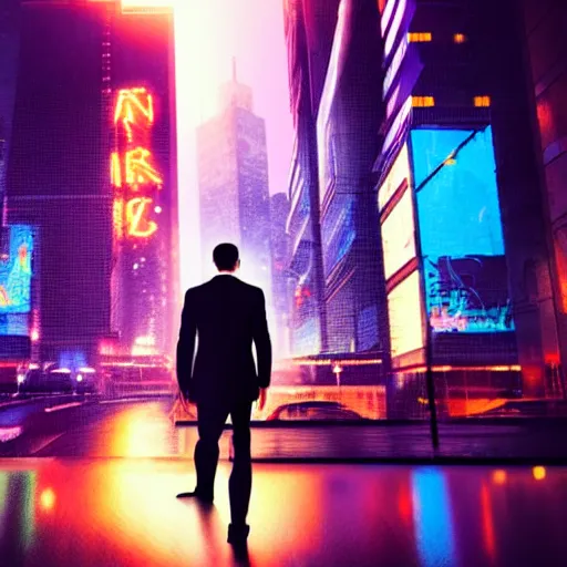 Image similar to a man in a suit walking away from an explosion, cityscape, neon, cyberpunk, bladerunner