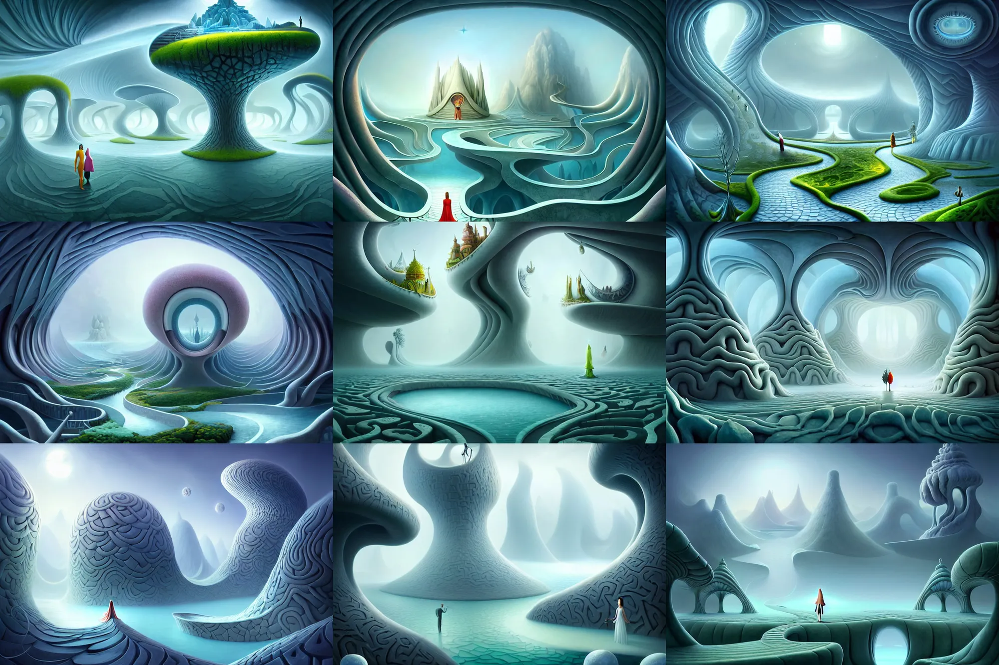 Prompt: a matte painting of an impossible path winding through arctic dream worlds with surreal architecture designed by heironymous bosch, structures inspired by heironymous bosch's garden of earthly delights, surreal ice interiors by cyril rolando and asher durand and natalie shau, stunning, insanely detailed, whimsical, intricate, mystical