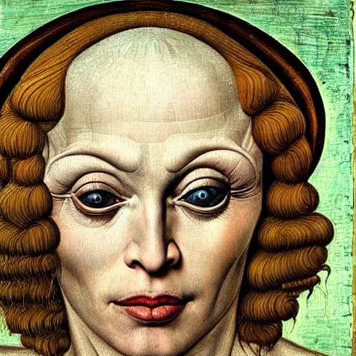 Image similar to madonna as gollum, elegant portrait by sandro botticelli, detailed, symmetrical, intricate