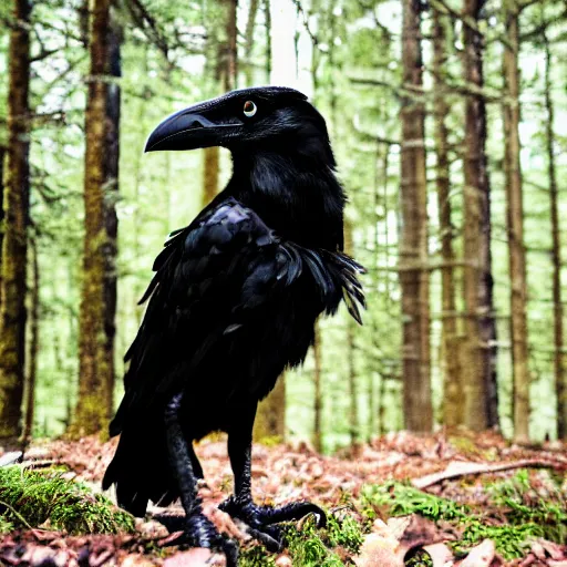 Image similar to werecreature that is a mix between human and crow, photograph captured in a forest