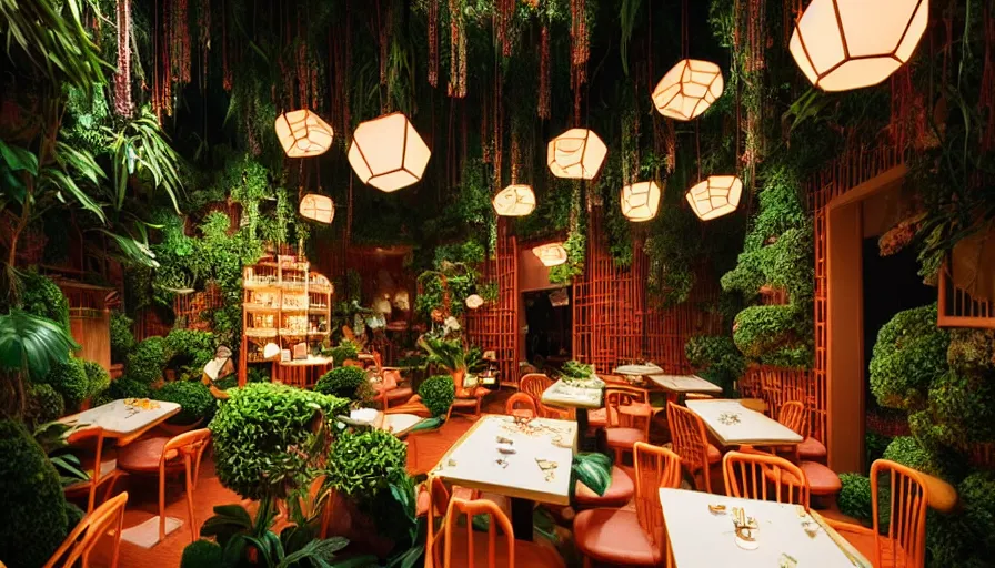 Prompt: Dreamy photo of a very cozy cafe that is transforming into a surreal magical Japanese temple, lush plants, in the style of Gucci, photographed by Petra Collins and Wes Anderson, glowing lights, magic details, very detailed, 8k, cinematic look, very detailed