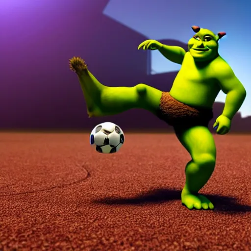 Image similar to shrek playing soccer, highly detailed, extremely high quality, hd, 4 k, 8 k, canon 3 0 0 mm, professional photographer, 4 0 mp, lifelike, top - rated, award winning, realistic, detailed lighting, detailed shadows, sharp, no blur, edited, corrected, trending