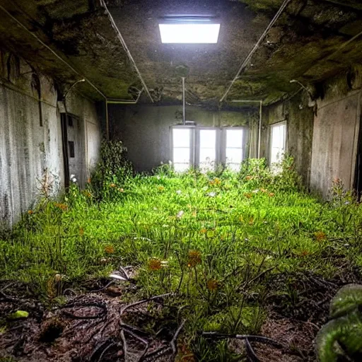 Image similar to abandoned, overgrown, underground bunker, room with mutated sundew plants, beautiful, underground