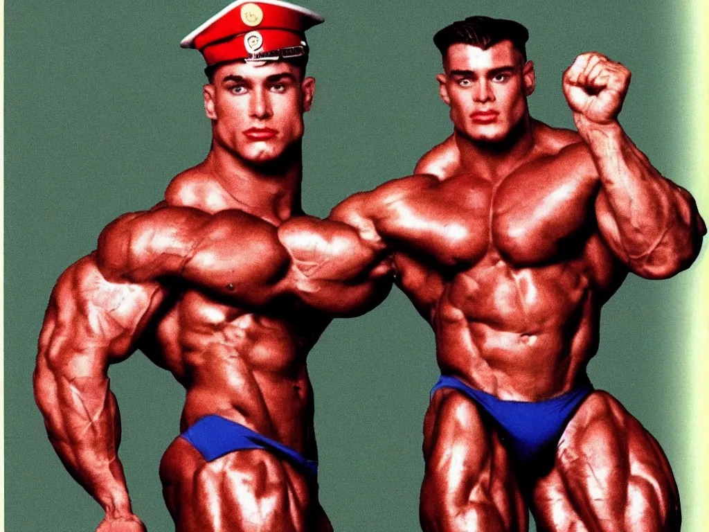 Image similar to vintage 90s VHS video still of a muscular soldier promoting Big Brother, retro TV, noise, hue