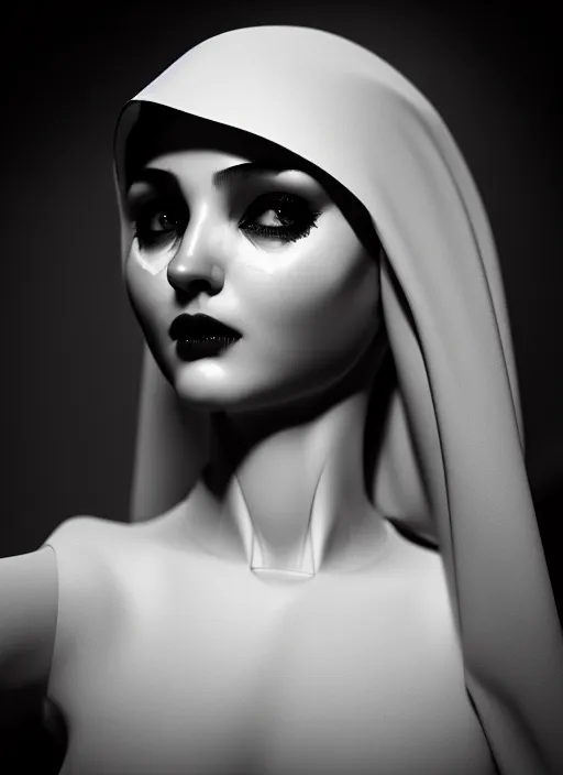 Image similar to surreal mythical dreamy dark artistic black and white fine art fashion portrait photo of a young beautiful delicate female robot - nun, rim light, cinematic, studio dramatic light, poetic, masterpiece, octane render, 8 k, photo - realistic by gustave dore william black