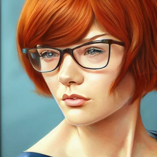 Image similar to velma dinkley portrait, close up, concept art, intricate details, highly detailed photorealistic portrait by michael komarck, adam hughes, seseon yoon, artgerm and warren louw