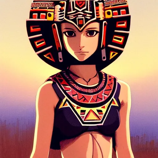 Image similar to beautiful boyish natalie portman alluring gravure model, wearing aztec wooden mask helmet cap and leotard, elegant bulky aztec football gear subtle mayan patterns, elegant aztec bathing suit, gapmoe yandere grimdark, trending on pixiv fanbox, painted by greg rutkowski makoto shinkai takashi takeuchi studio ghibli, akihiko yoshida