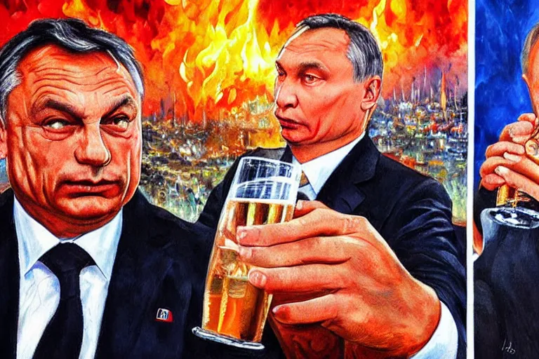 Prompt: viktor orban drinking champagne with putin in front a burning city, highly detailed face, oil painting